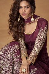 Maroon Chinon Silk Embroidered Anarkali Suit